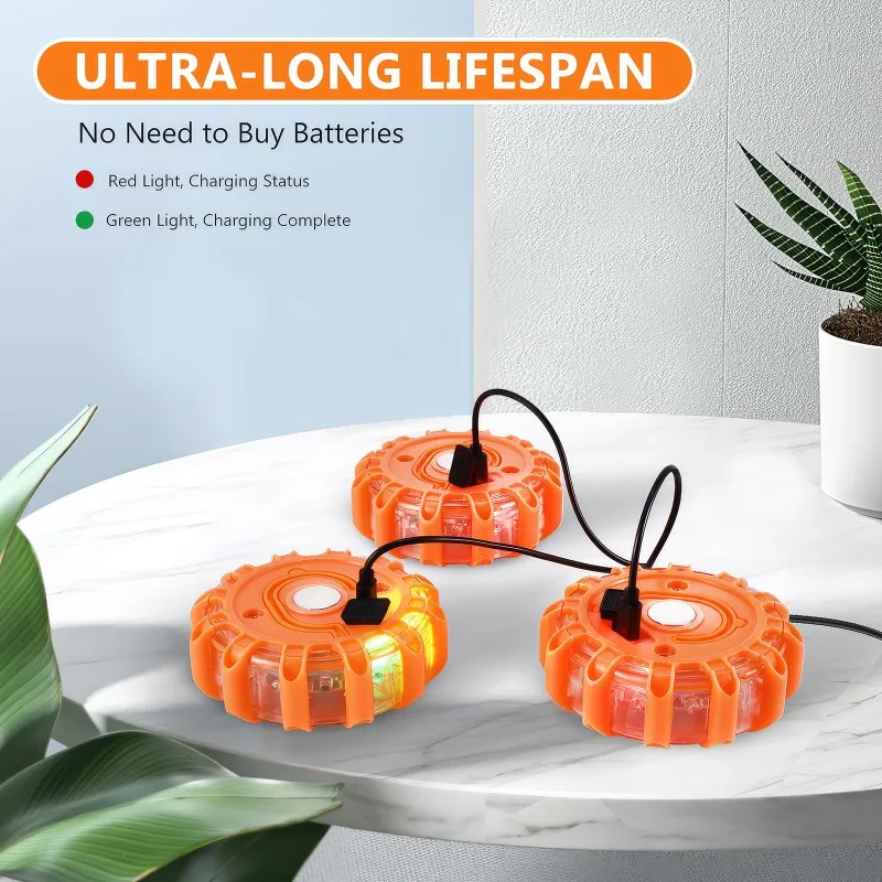 3 Pack USB Rechargeable Emergency Lights LED Road Flares Roadside Safety Beacon Disc Flashing Magnetic