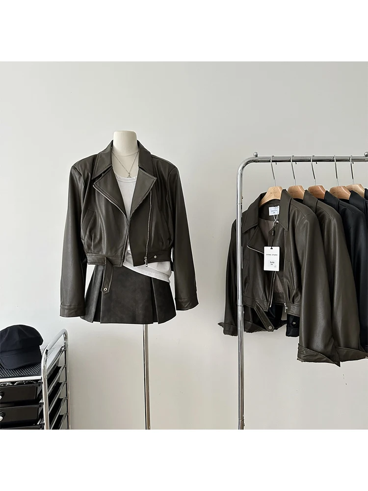 

Women Brown Leather Short Jacket Coat Vintage PU Motorcycle Jacket Korean 90s Fashion Streetwear Korean Outerwear 2000s Clothes