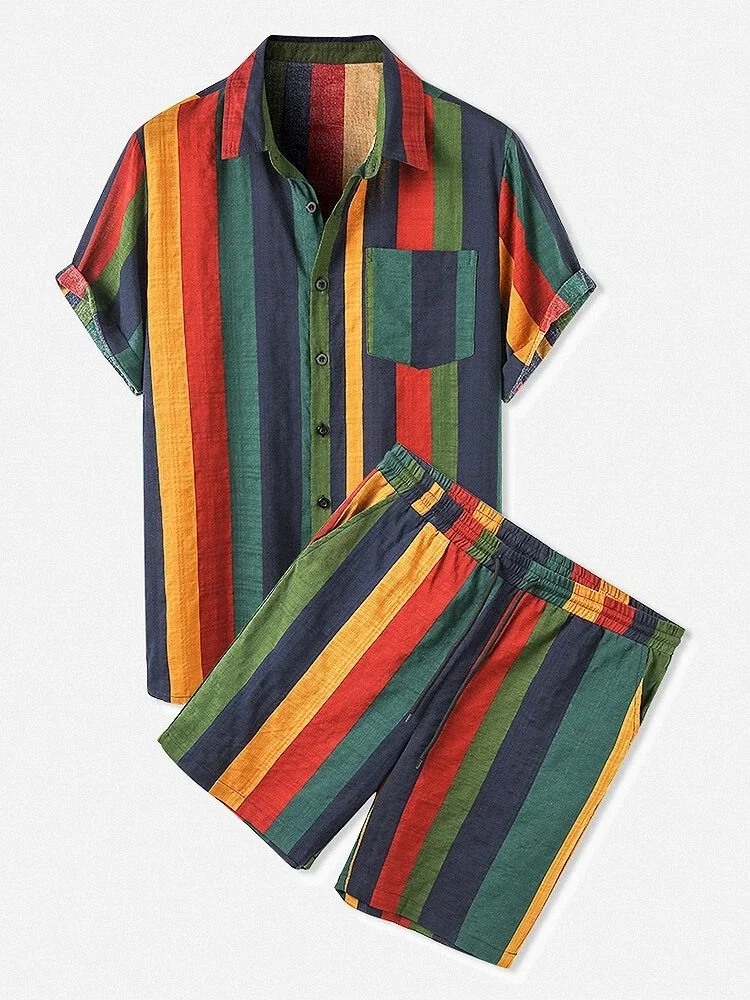 

Гавайская рубашка и шорты для мужчин, тонкая дышащая хлопковая рубашка на пуговицах, комплект одежды из двух предметов, яркие полосатые праздничные с коротким рукавом