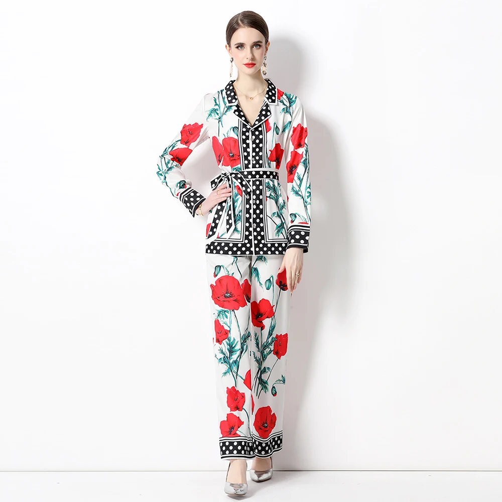 

Spring Autumn Women Fashion Pants Set Loose Dots Red Flower Print Pajamas Shirt+ Wide Leg Long Pants Belt Party Casual Set T6005