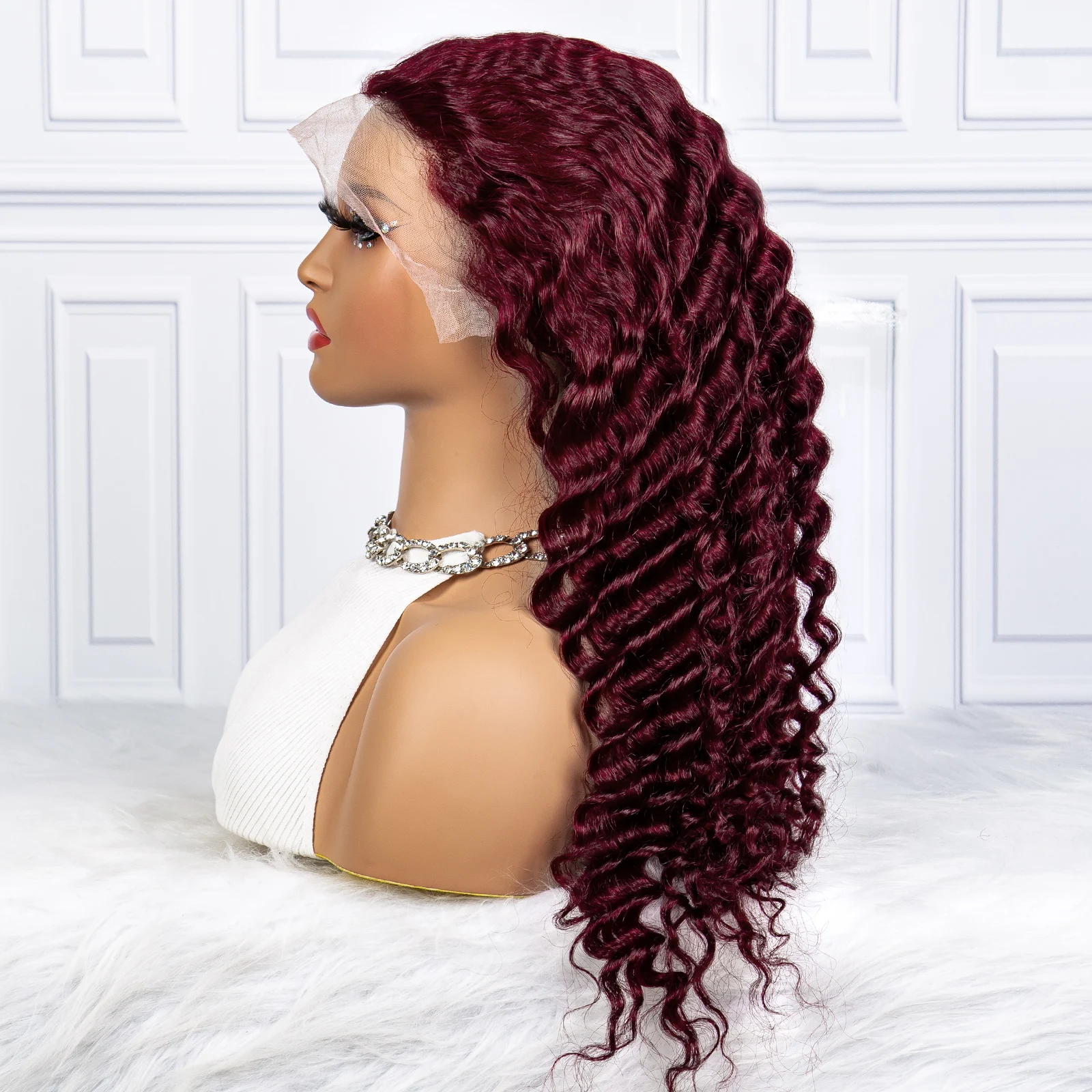 250% Density Deep Wave Wavy Human Hair Wigs 99J Color 13x4 Transparent Lace Frontal Brazilian Hair Wig for Black Women