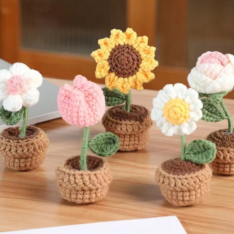 Hand Knitting Potted Plants Hand-woven Rose Sunflower Tulip Crochet Flower Auto Interior Accessories Car Decoration Ornament knitting supplies knitting material weaving tools