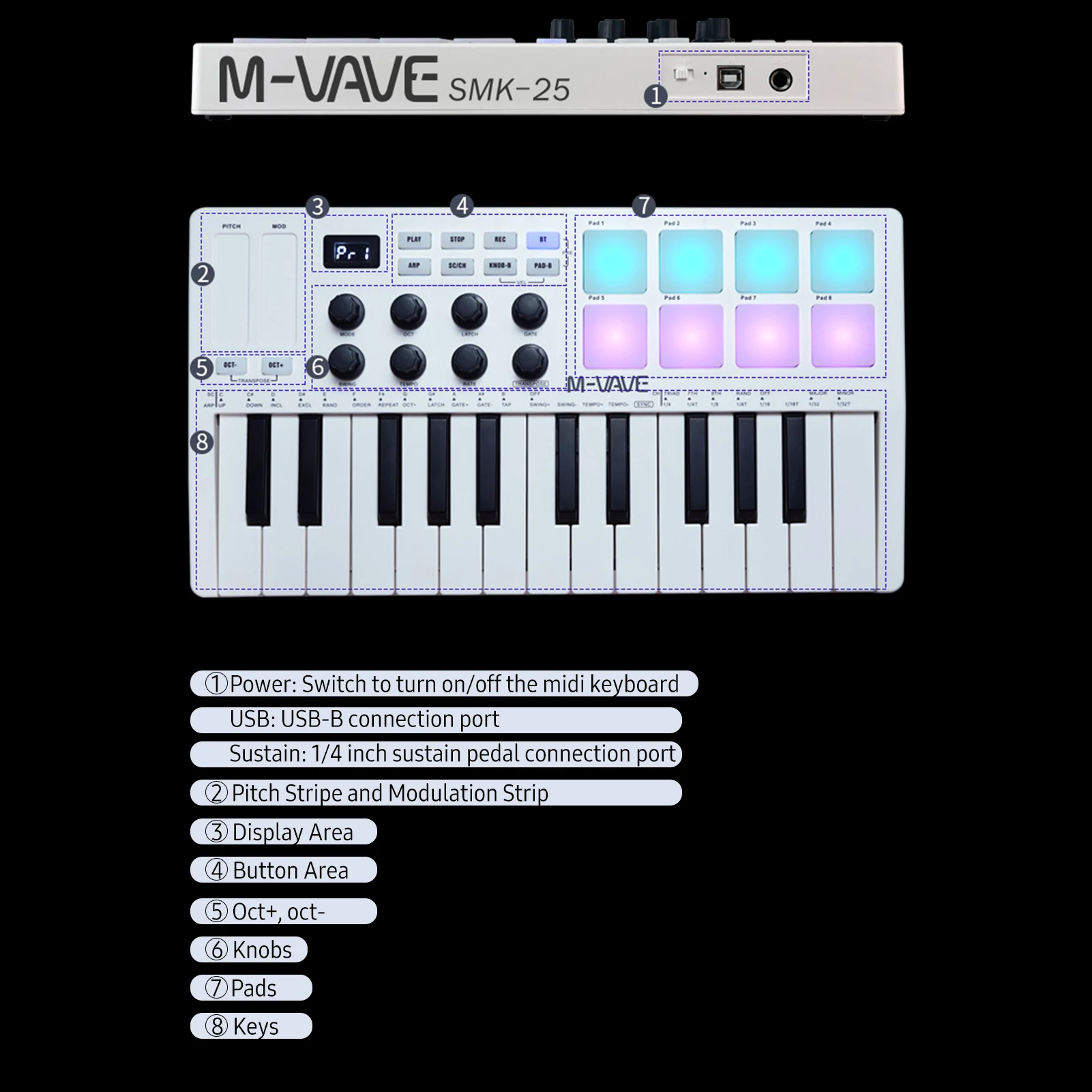M-VAVE 25-Key MIDI Control Keyboard Mini USB with 25 Velocity Sensitive Keys 8 RGB Backlit Pads 8 Knobs