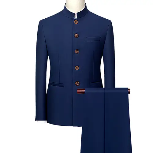 Men's White Single Breasted Stand Up Collar Suit 2-Piece, Chinese Style Red Slim-Fit Blazer Coat and Pants, Black, Blue, Yellow. - Image 3
