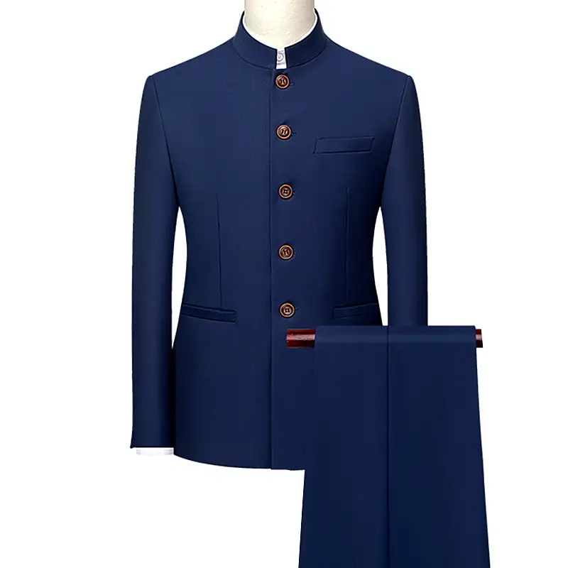 Men's White Single Breasted Stand Up Collar Suit 2-Piece, Chinese Style Red Slim-Fit Blazer Coat and Pants, Black, Blue, Yellow. - Image 3