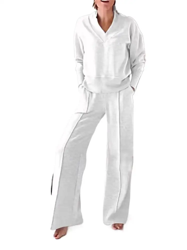 Women Two Piece Autumn Spring V Neck Blouse and Wide Leg Pant Suits