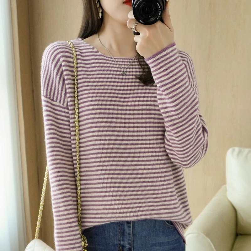 Sweaters New Brand Autumn and Winter Women Cashmere Wool Blended Sweater O-neck Striped Pullover Warm Loose Knit Bottoming Coat Ladies ugly christmas sweater Sweaters