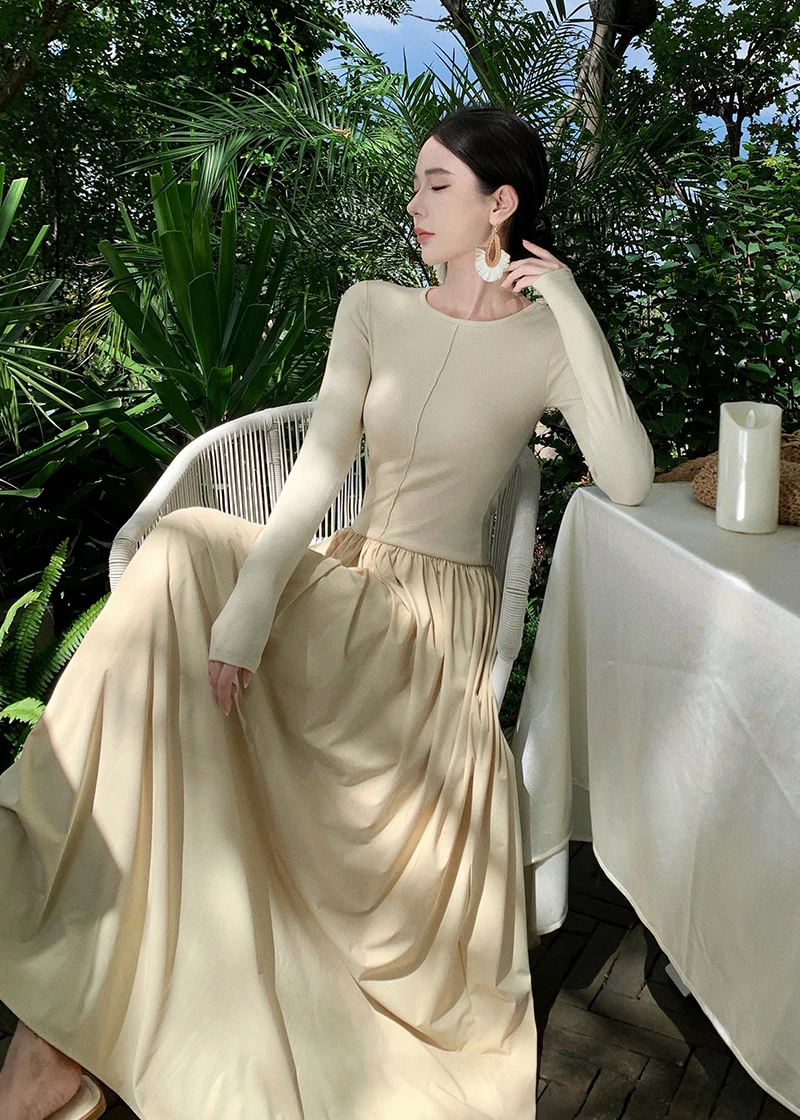 Vestidos largos informales de retazos para mujer, cuello redondo, mangas largas, corte en A, otoño primavera, moda coreana, vestidos de una pieza para mujer, nuevos