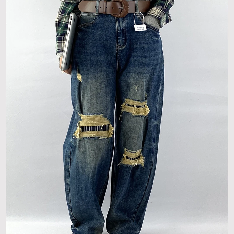 XXXXXL Fashion Plus Size Women's Jeans New Autumn Premium Stretched Denim Design Hole Patch Wide Leg Full Length Trousers 8393