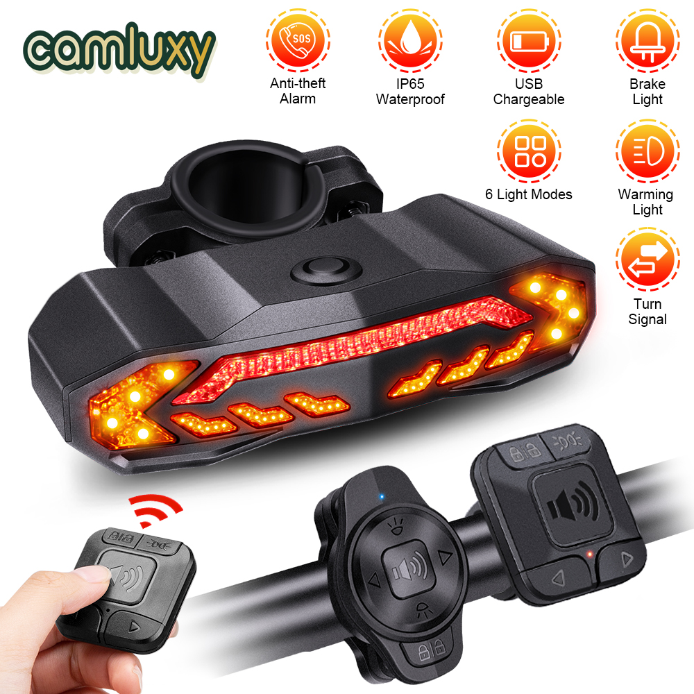 Camluxy Bike Motorcycle Taillight Alarm Brake Light with Turn Signals Horn Wireless Waterproof Remote Control Bicycle Rear Light