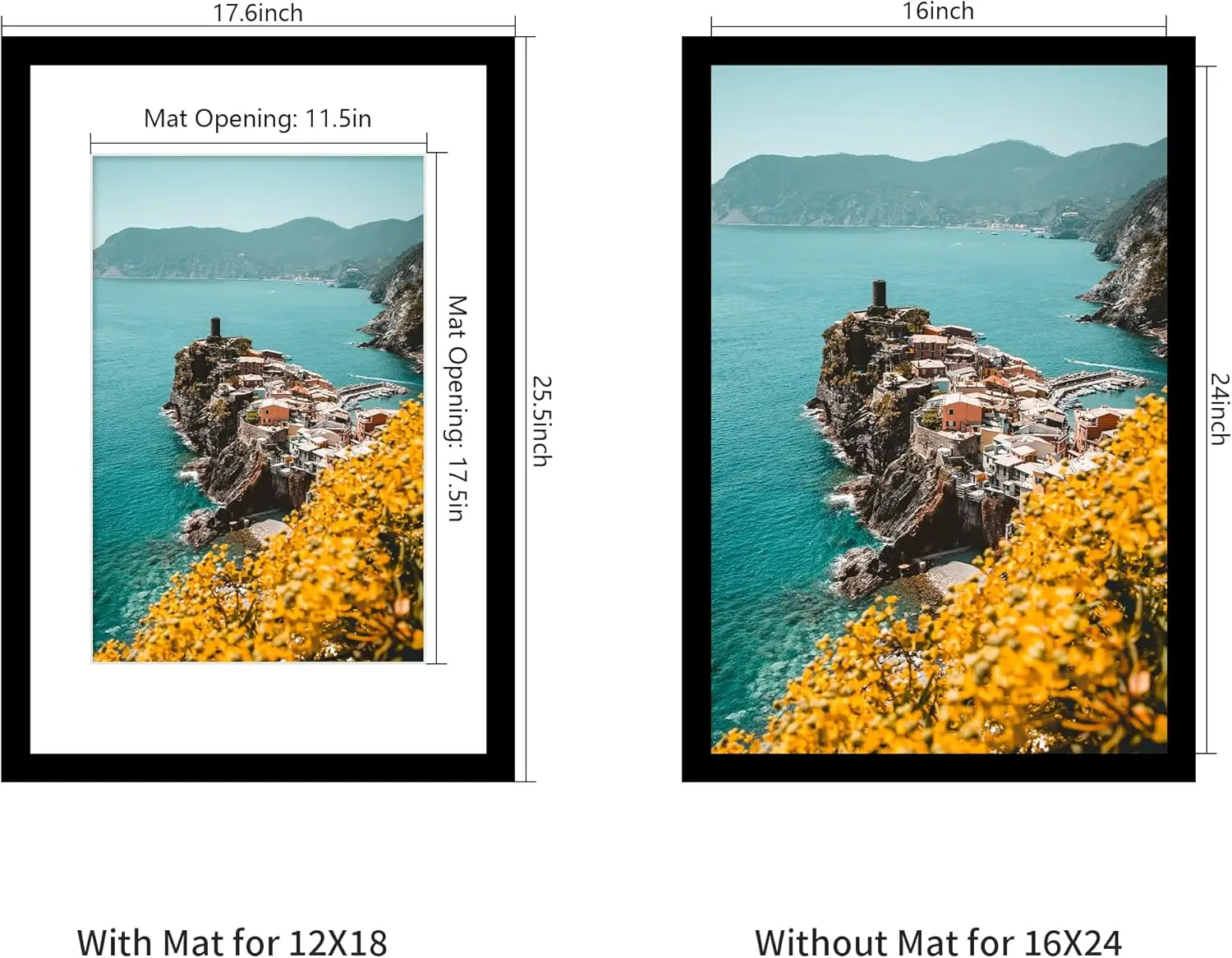 16x24 Picture Frame Set of 5, Black Poster Frame, Display Pictures 12 x 18 with Mat or 16x 24 Without Mat