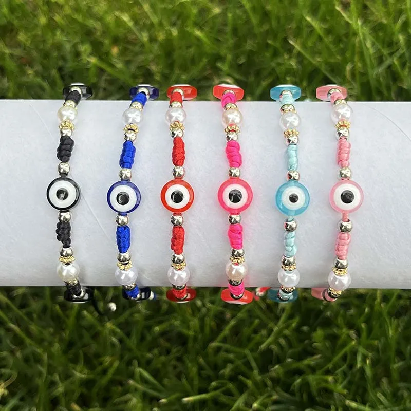 

12Pieces Evil Eyes With 6MM Pearl Alloy Snowflake Shaped Mix Colors Handmade Woven Bracelet Prayer Or Protect For Men And Women