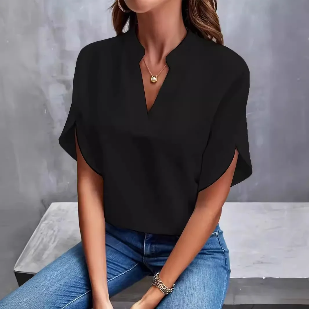 Summer V Neck Short Sleeve Solid Blouse for Women