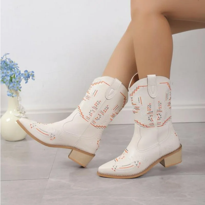 

Western Cowboy Boots for Women Autumn Pointed Toe Women's Boots Embossing Mid-calf Boots Comfort Square Heel Short Boots