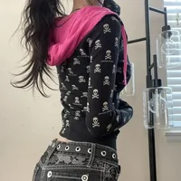 Onalippa Punk Spicy Girl Skeleton Print Contrasting Hooded Sweatshirt Jacket Women Autumn Winter 2025 New Slim Fit Black Top - Image 4