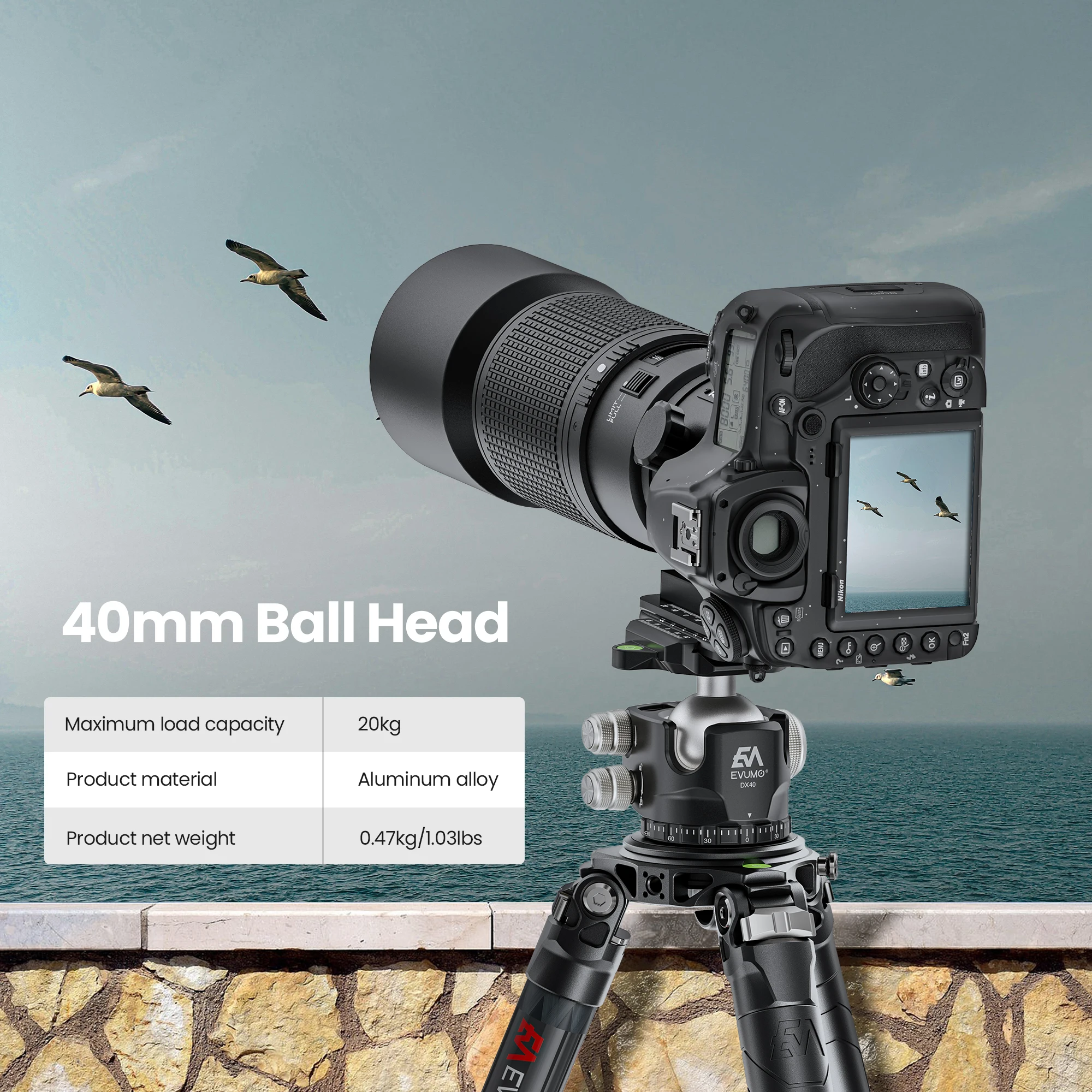 EVUMO DX40 Professional Ball Head Camera Low Gravity Low Profile Tripod Head 360&deg; Panoramic Ball for DSLR Tripod Monopod