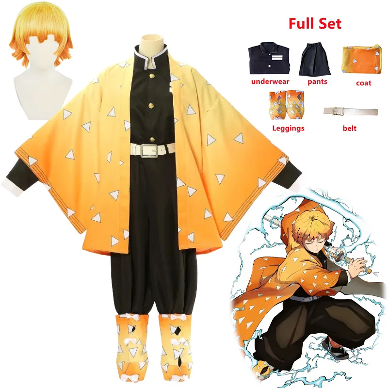 

Anime Agatsuma Zenitsu Cosplay Costume Uniform Cloak Agatsuma Zenitsu Wig Kimetsu No Yaiba Halloween Clothes for Kids Adult