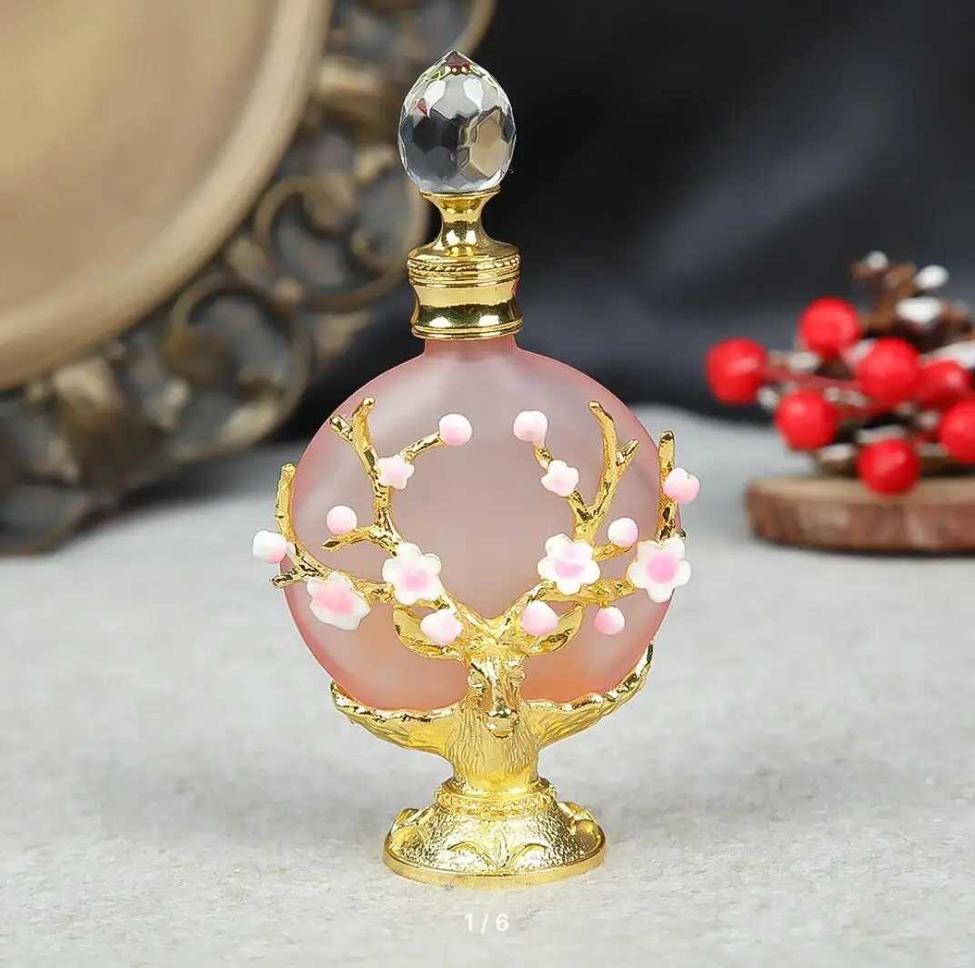 Vintage Decoration Bottle 30ML/1oz Pink Glass Enamel Antlers Plum Blossom Branch Clear Crystal Cap Aromatherapy Perfume Ornament glass bottles,aromatherapy diffuser bottle,mini glass bottles,mini perfume bottles