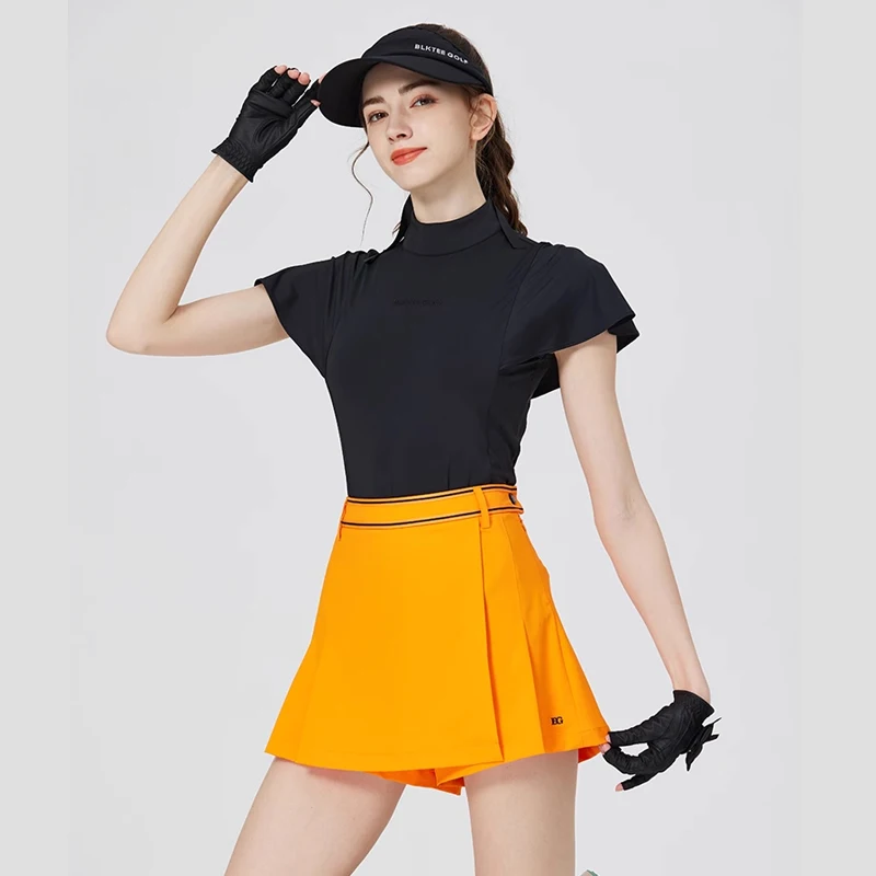 BLKTEE Golf fashion clothes for woman ruffle short sleeve half high neck t-shirt ladies slim casual top high-waist skirt gofset