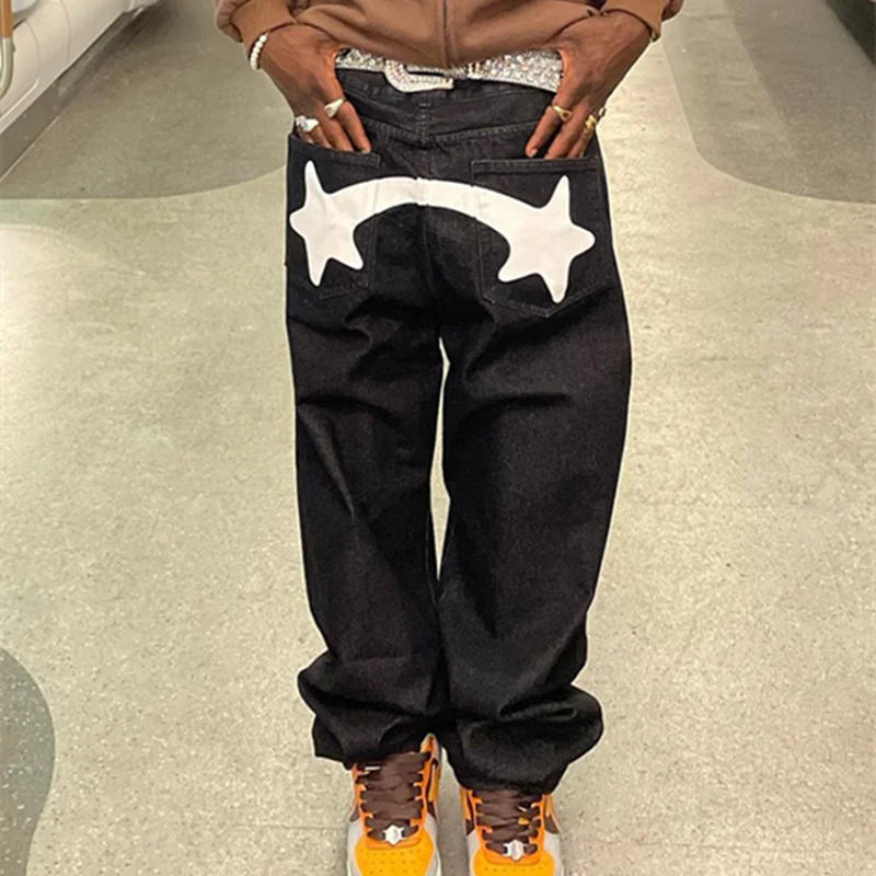 

Men's Jeans 2023 Hip Hop Street Star Print Dark Black Jeans Y2K Retro Design Casual Low Waist Loose Straight Jeans New ins hot