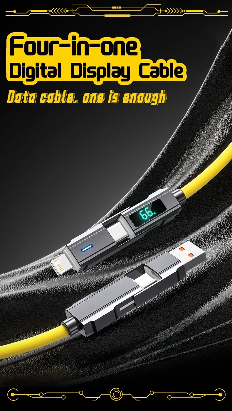 4 in 1 USB C Data Cable Digital Display Silicone for Iphone PD 66W Zinc Alloy Fast Charging Cable Line Type C with LED Design