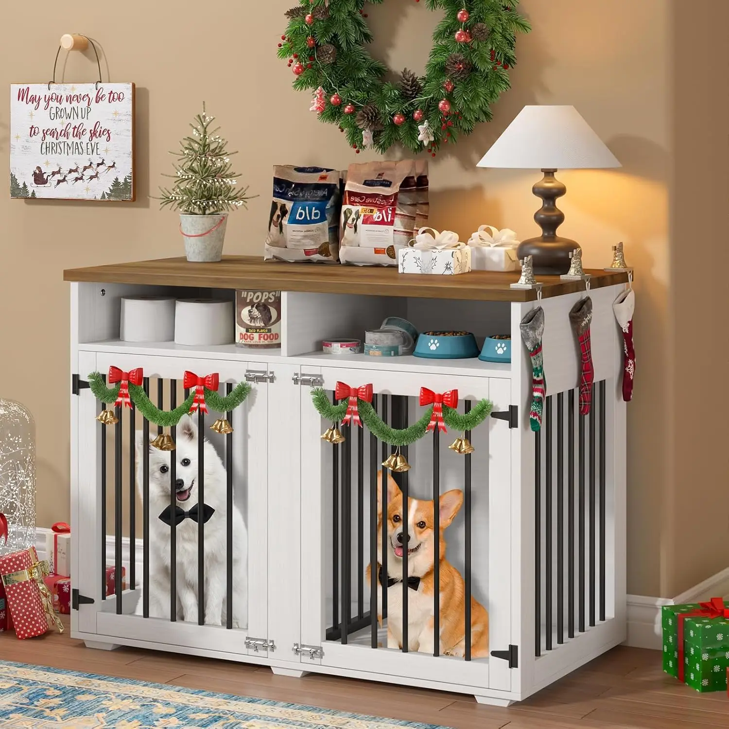 41 inch Dog Crate Furniture for 2 Dogs, Wooden Dog Cage with Storage Compartment, Indoor Dog Kennel with 2 Doors for Medium
