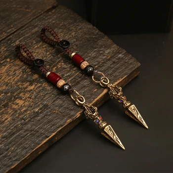 Portachiavi Vajra buddista tibetano Ciondolo amuleto vintage in ottone per uomo Portachiavi per auto fatto a mano con corda intrecciata Regalo fortunato 1