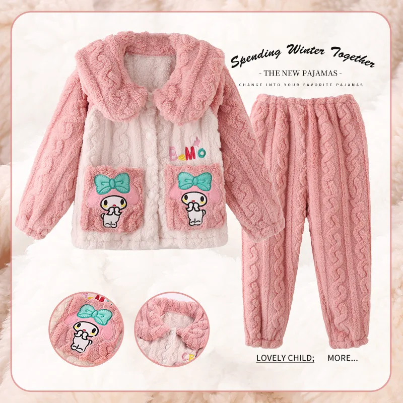 

Casual Sanrioed My Melody Winter Children'S Sleepwear Thickened Flannel Pajamas Set Cartoon Children'S Coral Velve Homewear Suit