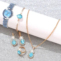 6PCS/Set Women Blue Watch Fashion Light Luxury Blue Dial Wristwatch Alloy Strap Watch Blue Jewelry Set Gift For Girls 1