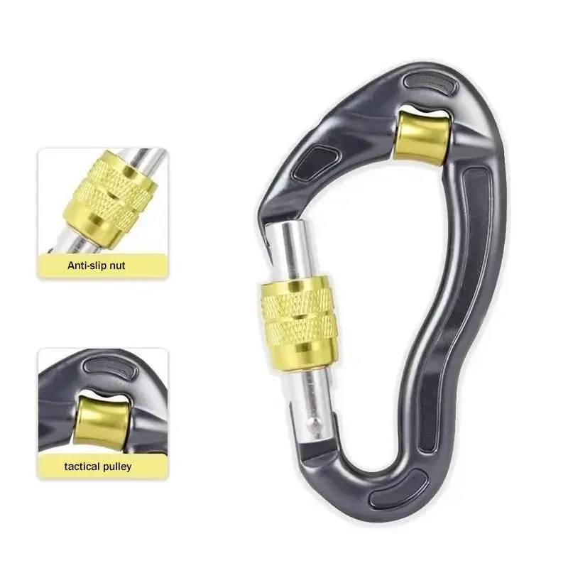 1Pcs 25KN 장력 안전 잠금 장치 풀리 휠이 있는 전문 암벽 등반 카라비너 ??스크류게이트 잠금 카라비너 ??클립