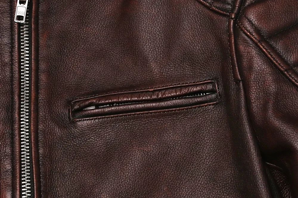 Genuine Leather Motorcycle Jacket - Vintage Brown Cowhide Biker Coat for Men