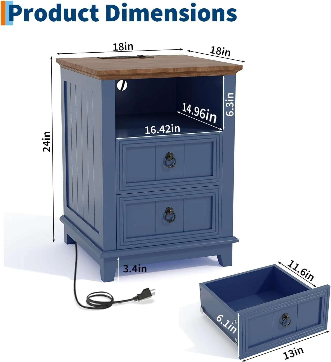 18 Inch Wood Nightstand with USB Charging Station Modern Fluted Bedside Table 2 Drawer End Table with Storage Shelf for Bedroom Living Room Home Office Apartment Dorm Blue 6 18 Inch Wood Nightstand with USB Charging Station Modern Fluted Bedside Table 2 Drawer End Table with Storage Shelf for Bedroom Living Room Home Office Apartment Dorm Blue 6
