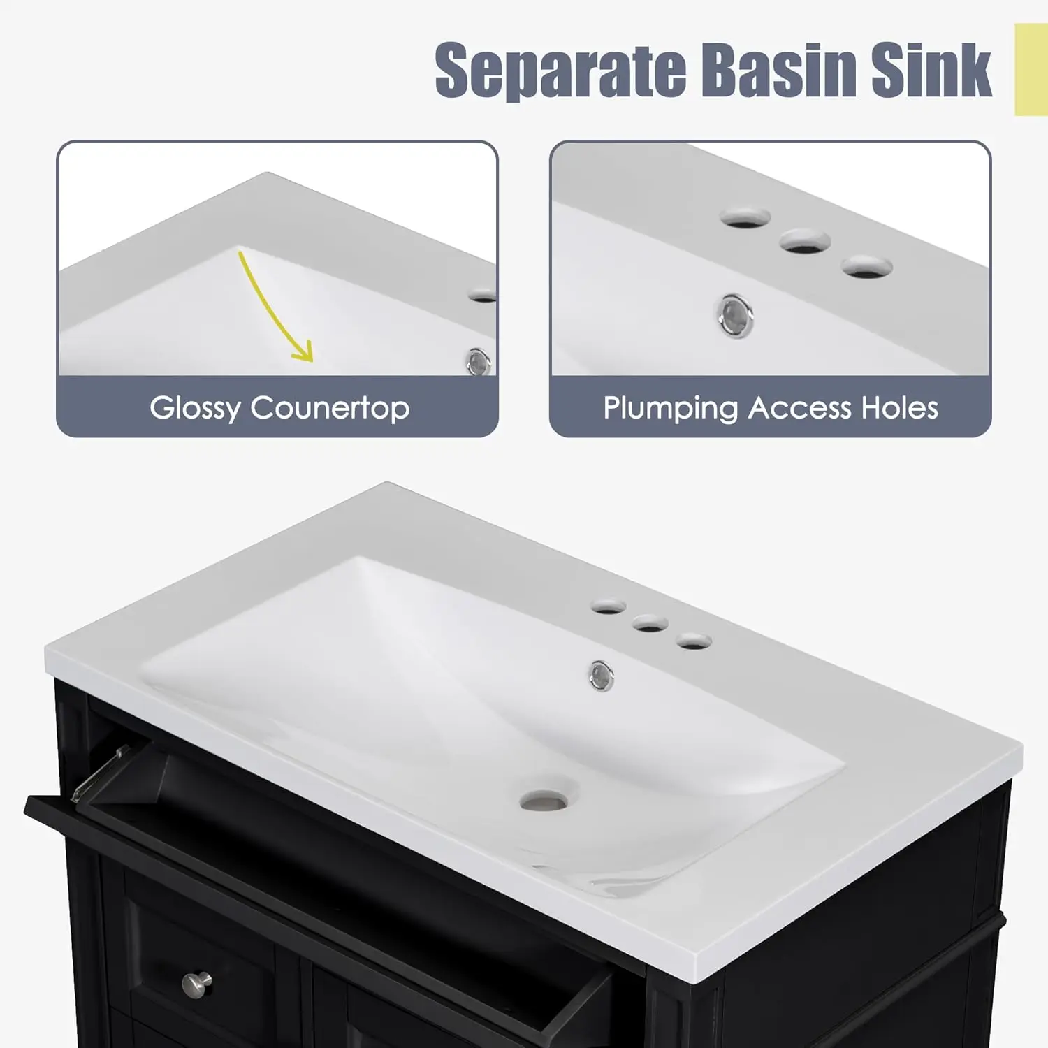30" Bathroom Vanity with Single Sink Combo, Modern Undermount Bathroom Sink Cabinet with 2 Drawers and a Tip-Out Drawer 5