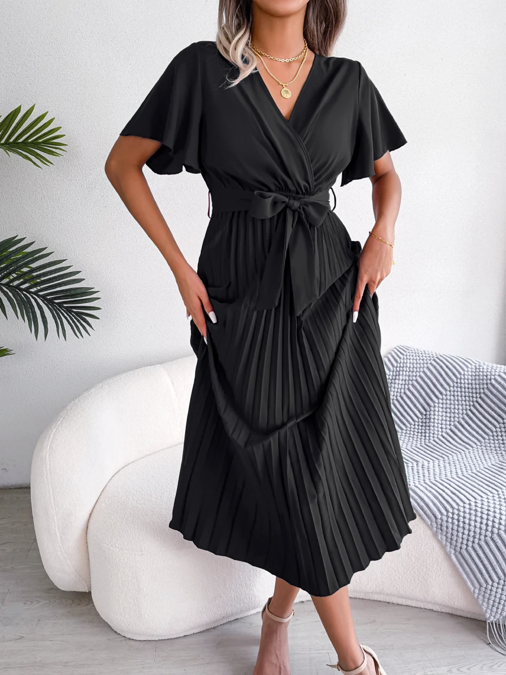 Sc871bf0f43ba4eacb7a0810ce3860accE Women Summer Casual V Neck Short Sleeve Pleated Chiffon Maxi Dress Black Red Green Clothing Mallzona