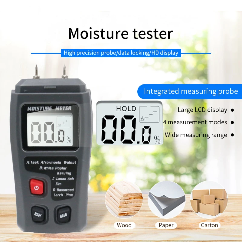 

EMT01 0-99.9% Two Pins Digital Wood Moisture Meter Wood Humidity Tester Hygrometer Timber Damp Detector Large LCD Display