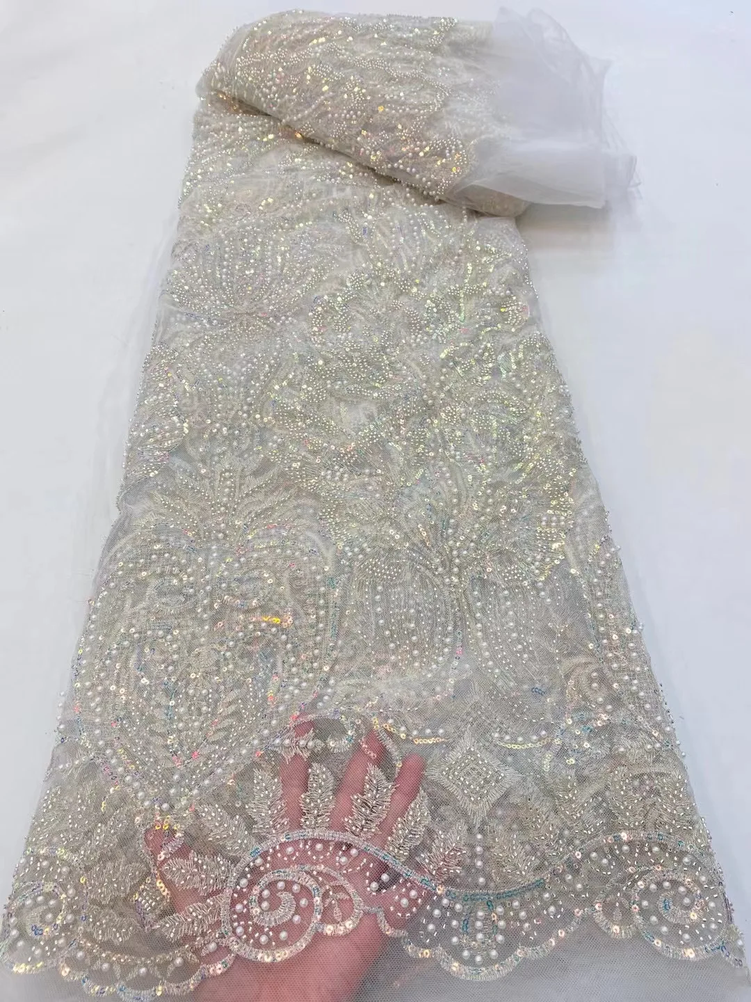 African New Arrival Luxury Sequins 5 Yards Mesh Fabric 2022 French High Quality Handmade Beaded Tulle Lace Women Dinner Dress