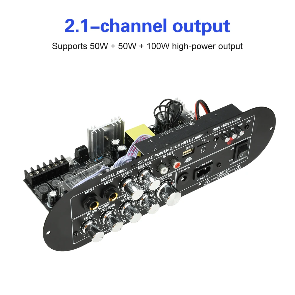 DC 12-19V/AC 110-220V 2.1채널 D800 블루투스 디지털 오디오 앰프 보드 50W+50W+100W 고출력 EU/US