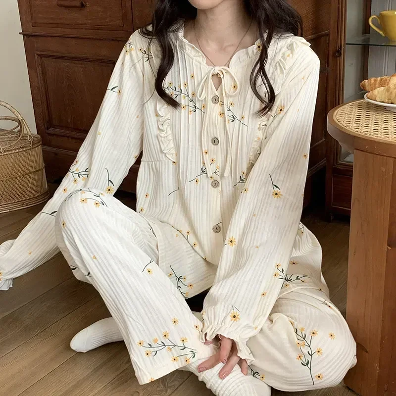 

Print Woman Loungewear Pajamas Suit Female Lounge Long Sleepewear Sleeve Knitted Leisure Cotton Fdfklak Fashion Autumn Wear