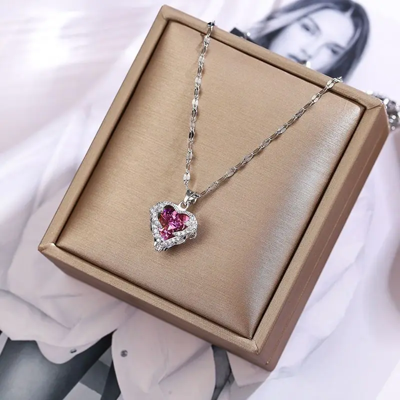 Colorful Crystal Ocean Heart Pendant Necklace Trendy Stainless Steel Jewelry...