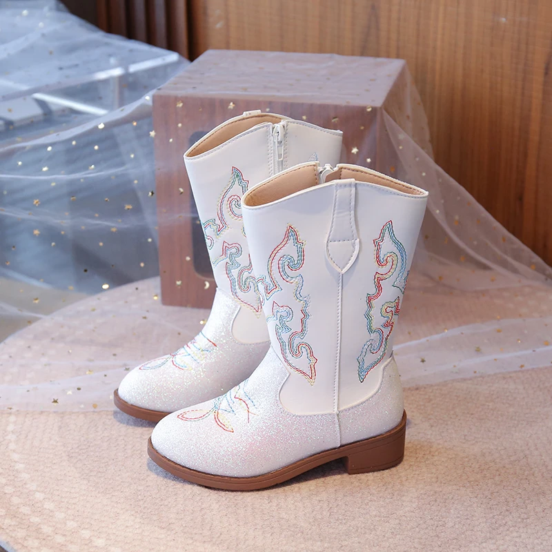 Girls Mid Calf Cowboy Boots with Floral Pattern