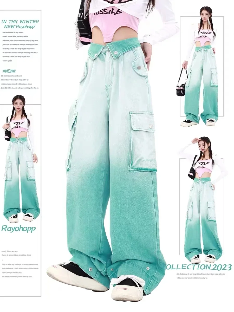 Dopamine Loose American Spice Girls Washed Gradient Jeans Female Autumn Multi Pocket Plus Size Wide Leg Straight Pants