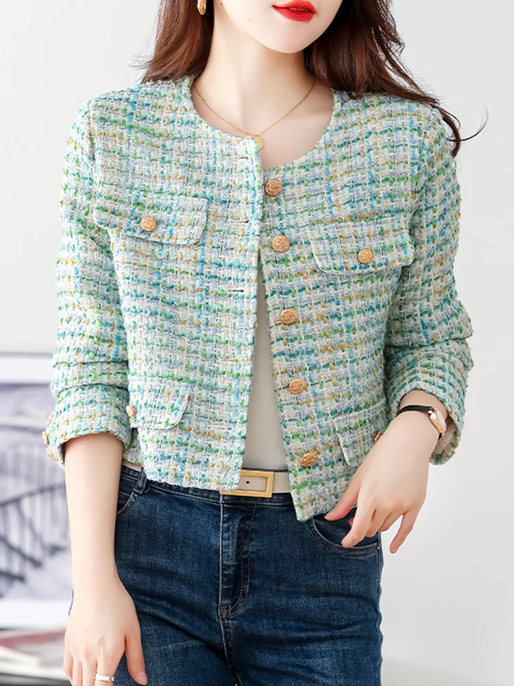 

Runway Design Weave Plaid Green Tweed Short Jacket Coat Women Spring Temperament Long Sleeve Fashion Female Woolen Outerwear