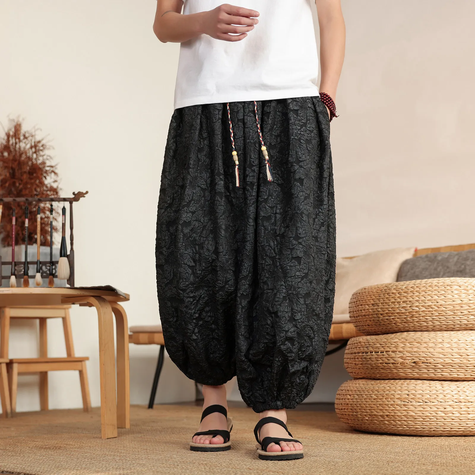 Vintage Jacquard Shorts Men 2026 Spring Summer Casual Trendy Lantern Trousers Japanese Styles Harun Wide Leg Pants Plus Size 8XL 5