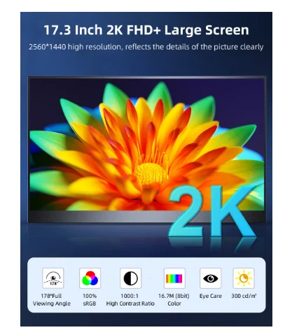 Bestlife-޴  2K, 17.3 ġ, QHD, FreeSync, HDR, IPS 99%, sRGB, 淮  ɾ ǻ ÷, cŸ ̴ HDMI 
