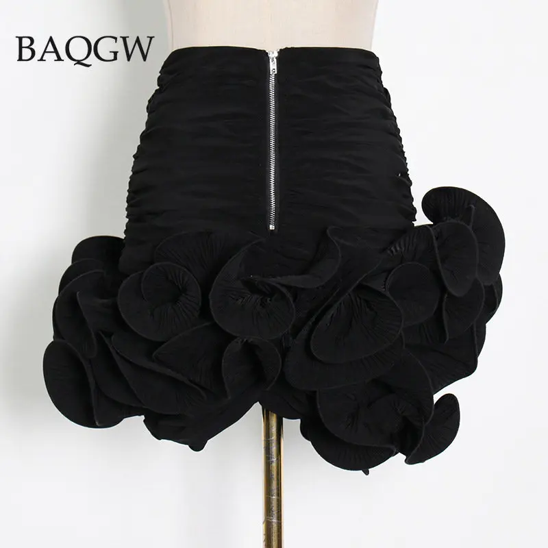 Streetwear Black Asymmetrical Hem Skirt for Women High Waist Ruffle Fold Pleated Design Skirts Female 2023 Spring Clothes New