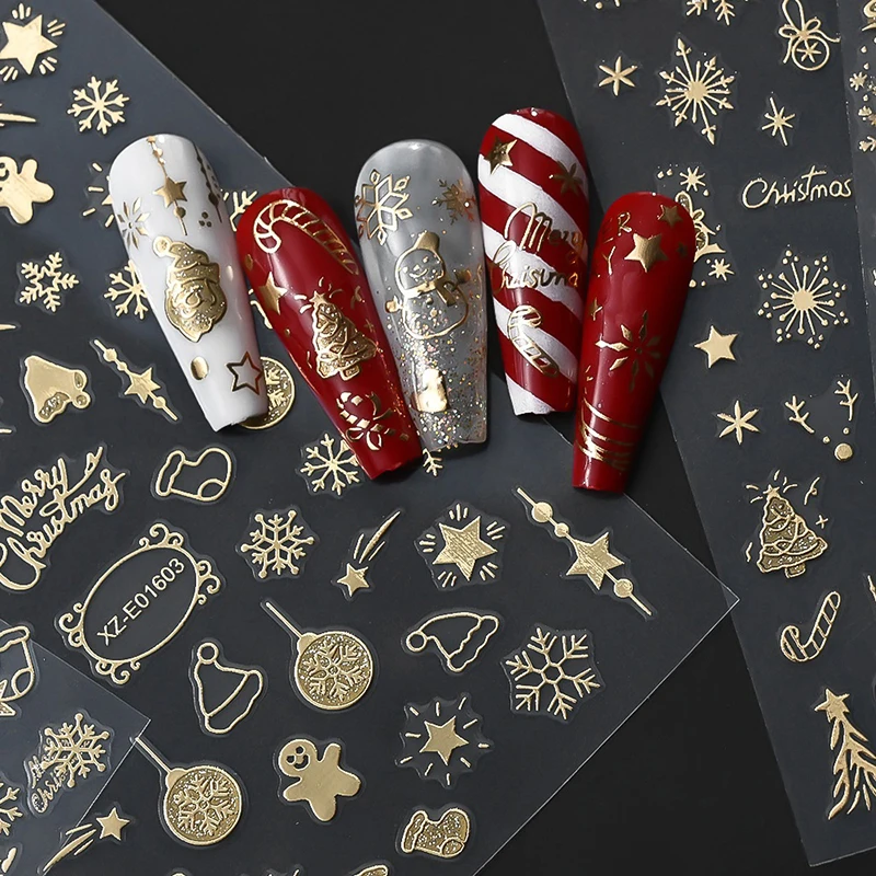 1Sheet Gold 3D Sparkling Christmas Nail Foil Stickers Snowflake Christmas Tree Snow Globe Nail Sliders for Manicure Decor