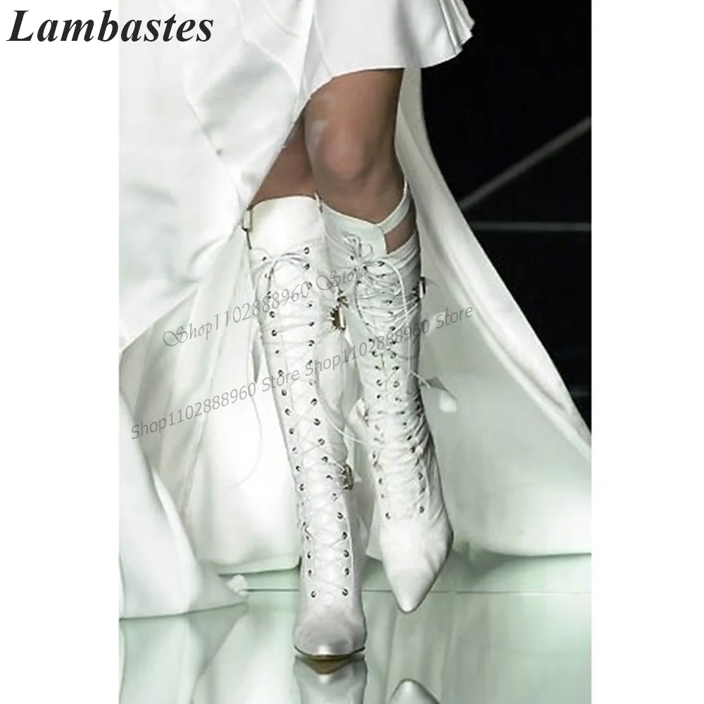 

Cross-Tied White Belt Buckle Decor Knight Boots Stilettos High Heel Women Shoes Side Zipper Pointed Toe 2023 Zapatillas Mujer