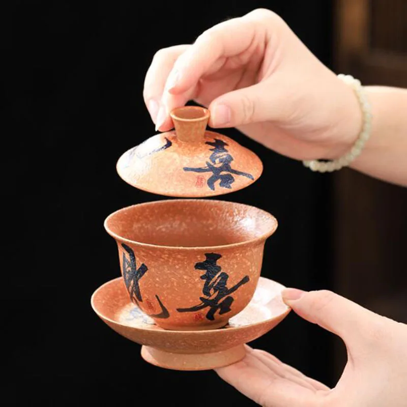 Chinese Style Retro Tea Tureen Flint Red Color Sancai Gaiwan Ceramic Crafts Kungfu Tea Bowl Cup Kitchen Drinkware