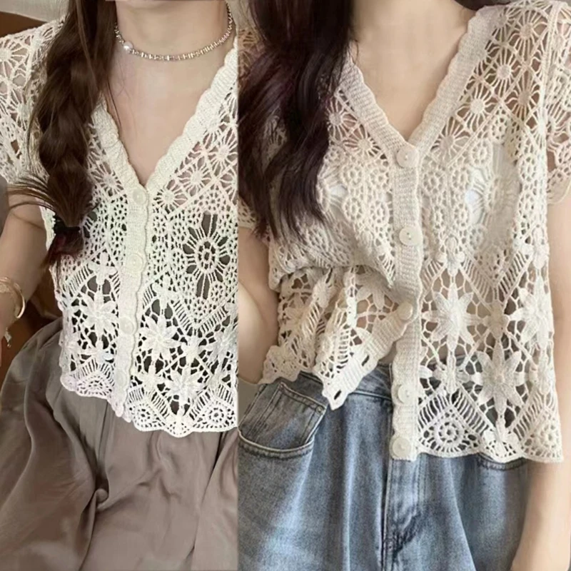 

Women's Short Sleeve Shrugs Summer Floral Crochet Lace Open Front Cardigan