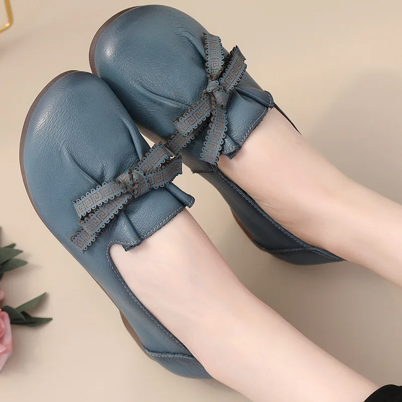 Brown Ballet Retro Flats Comfortable Elegant Women's Shoes Genuine Leather Loafers Ladies Bowknot Woman Soft Blue Moccasins ﻿